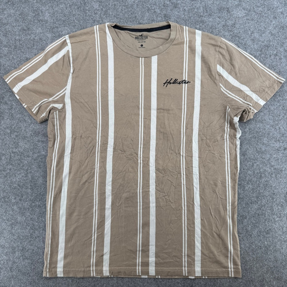Hollister T-Shirt Mens L Short Sleeve Vertical Stripe Tan White EUC